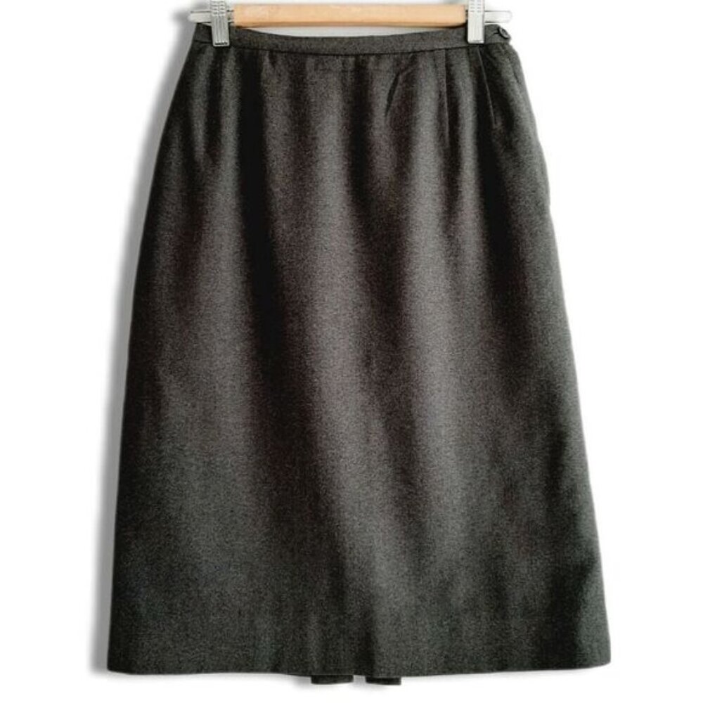 Vintage HIGHLAND QUEEN Pleated Back Slit 100% Wool Pencil Midi Skirt Grey Sz S